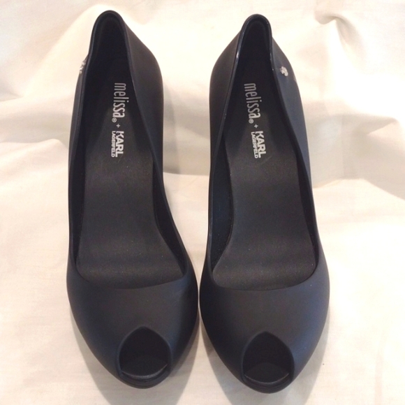 Black Melissa x Karl Lagerfeld "PEARL" Bead Peep Toe Heel Pumps US Size 7 - Picture 3 of 9